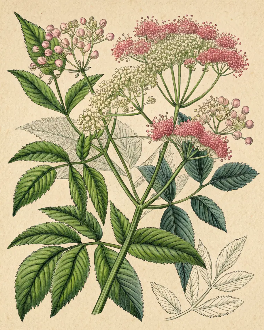 Botanical almanac plate of elderflower: broad cream umbels and dusty-pink flower-heads above serrated green leaves, printed on oat paper.
