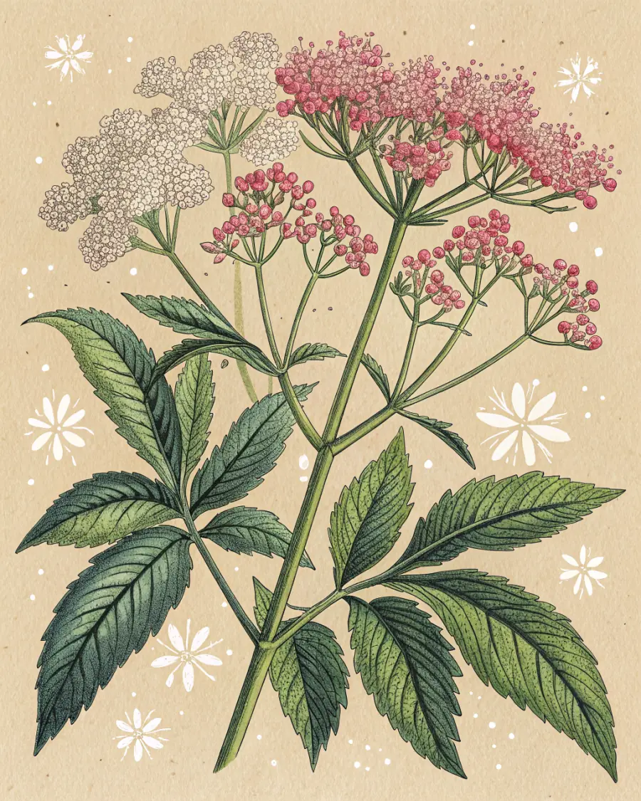 A second riso plate of elderflower in full bloom, cream and fluoro-pink umbels flecked with small white star-flowers over deep green foliage.