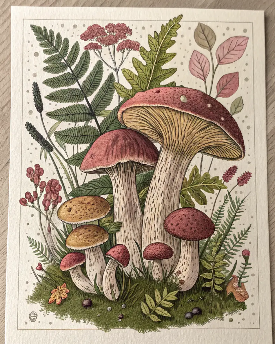 Botanical almanac plate of woodland mushrooms clustered among ferns and pink yarrow, drawn in riso ink on oat paper.