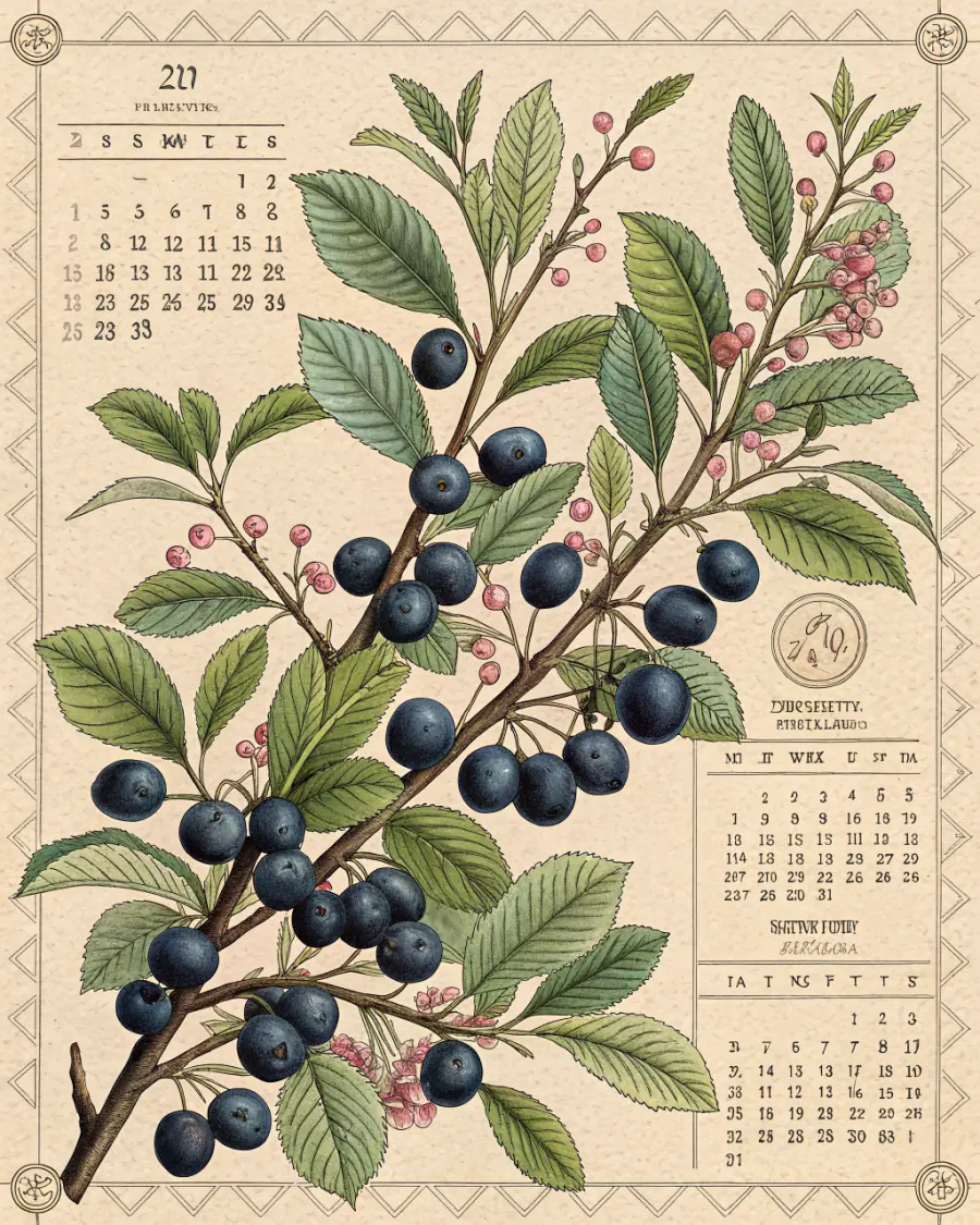 Botanical almanac plate of sloe (blackthorn): clusters of blue-black berries and pink buds along a leafy branch, framed by a faint printed calendar grid.